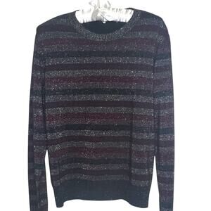 Pam & Gela Sweater Women's Large Metallic Black Plum Stripe Crew-Neck Pullover